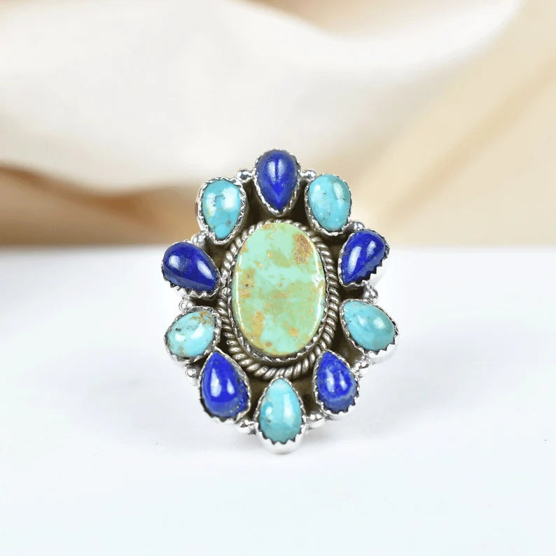 Native American Turquoise And Lapis Lazuli Cluster Rings - 925 Sterling Silver Handmade Vintage Rings