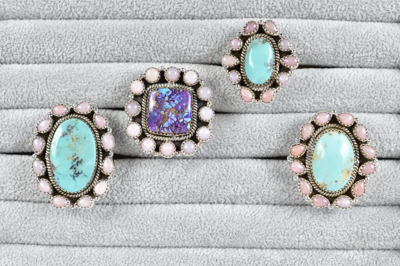 Native American Turquoise And Pink Opal Cluster Rings - 925 Sterling Silver Handmade Vintage Rings