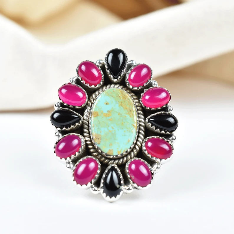 Native American Pink Onyx & Turquoise 925 Sterling Silver  Rings