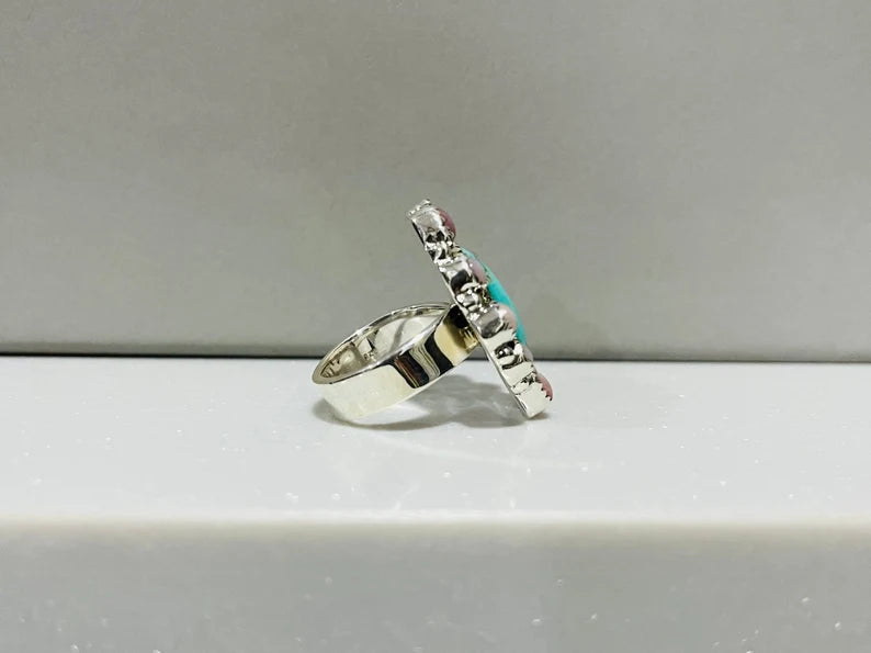 Native American Turquoise And Pink Opal Cluster Rings - 925 Sterling Silver Handmade Vintage Rings