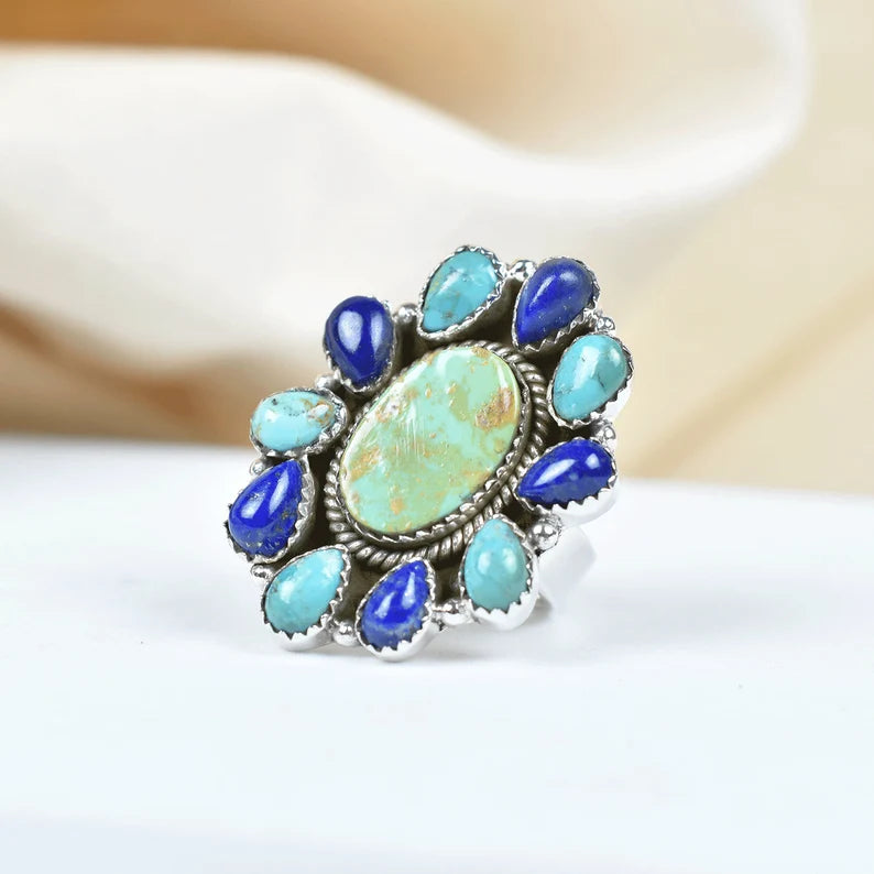 Native American Turquoise And Lapis Lazuli Cluster Rings - 925 Sterling Silver Handmade Vintage Rings