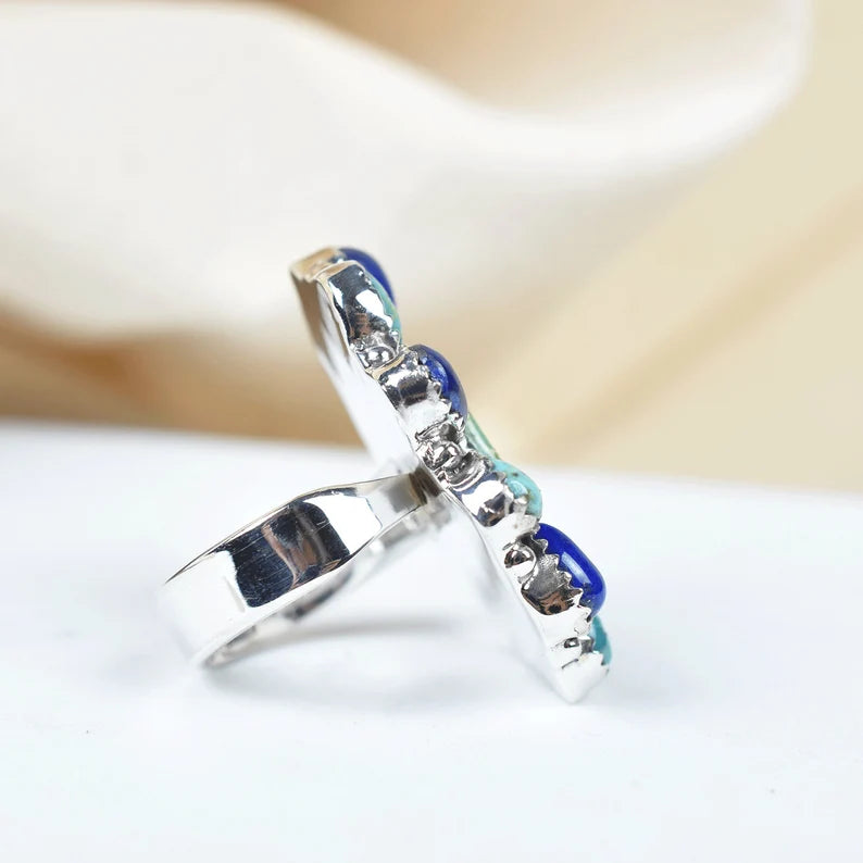 Native American Turquoise And Lapis Lazuli Cluster Rings - 925 Sterling Silver Handmade Vintage Rings