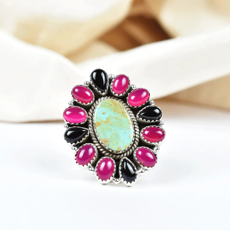 Native American Pink Onyx & Turquoise 925 Sterling Silver  Rings