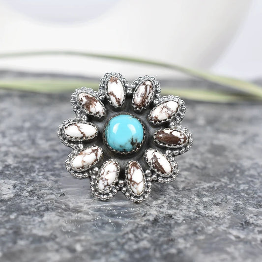 Native American Wild Horse & Turquoise Cluster Rings - 925 Sterling Silver Handmade Vintage Rings