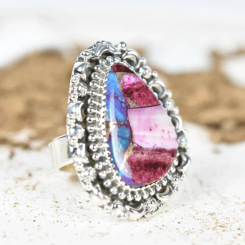 Native American Pink Dahlia Turquoise  925 Sterling Silver  Rings
