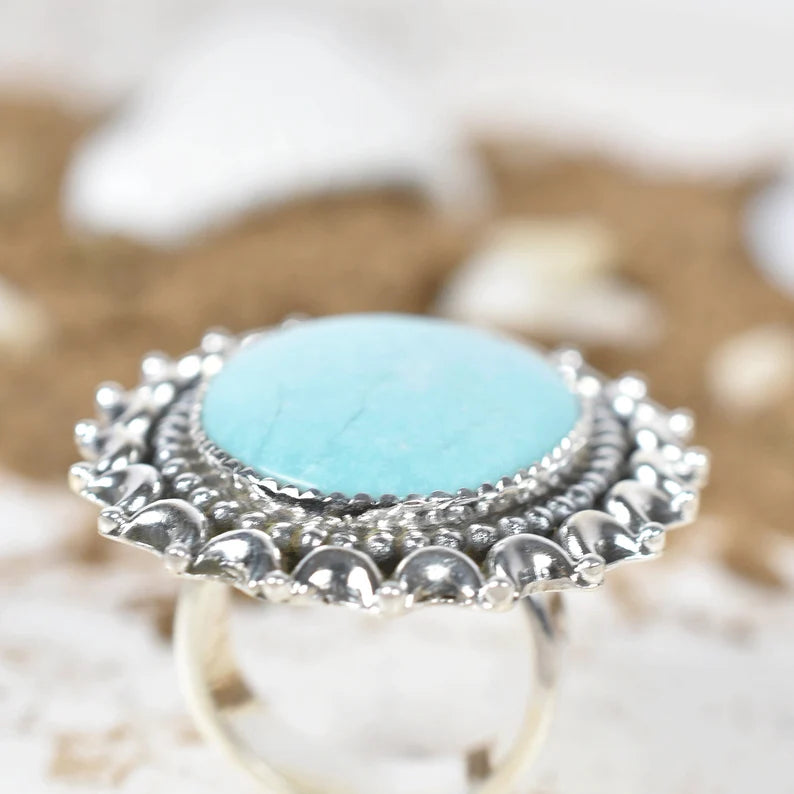 Native American Large Oval Turquoise Rings - 925 Sterling Silver Handmade Vintage Rings