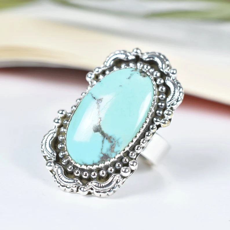 Native American Elongated Oval Turquoise Rings - 925 Sterling Silver Handmade Vintage Rings