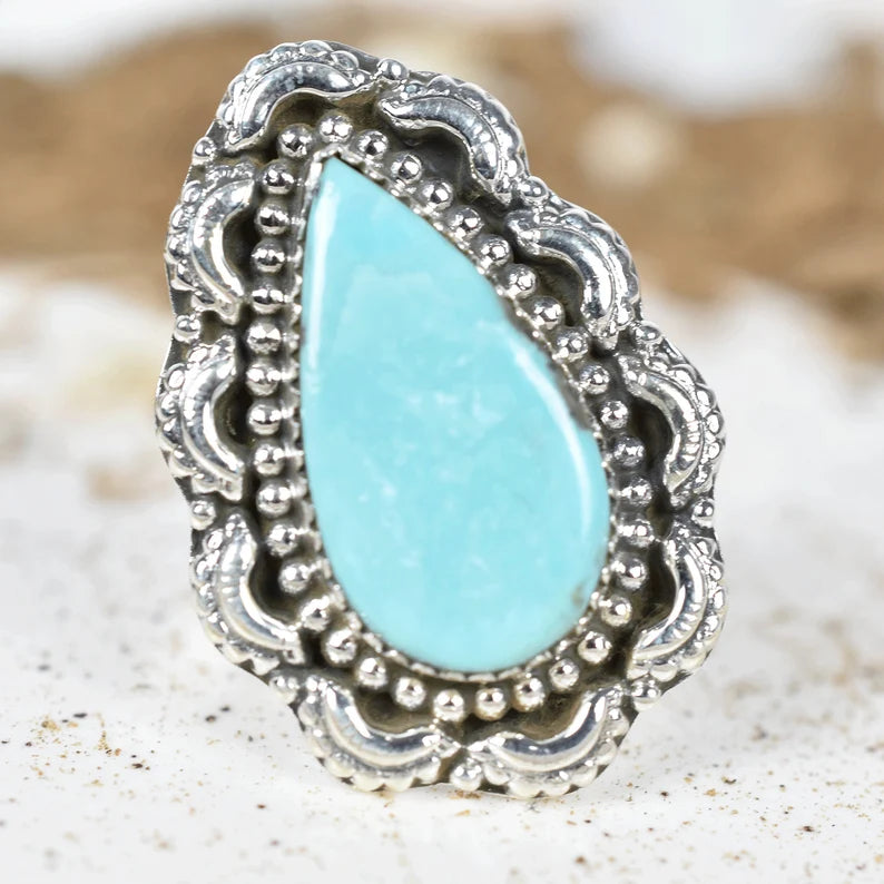 Native American Elongated Teardrop Turquoise Rings - 925 Sterling Silver Handmade Vintage Rings