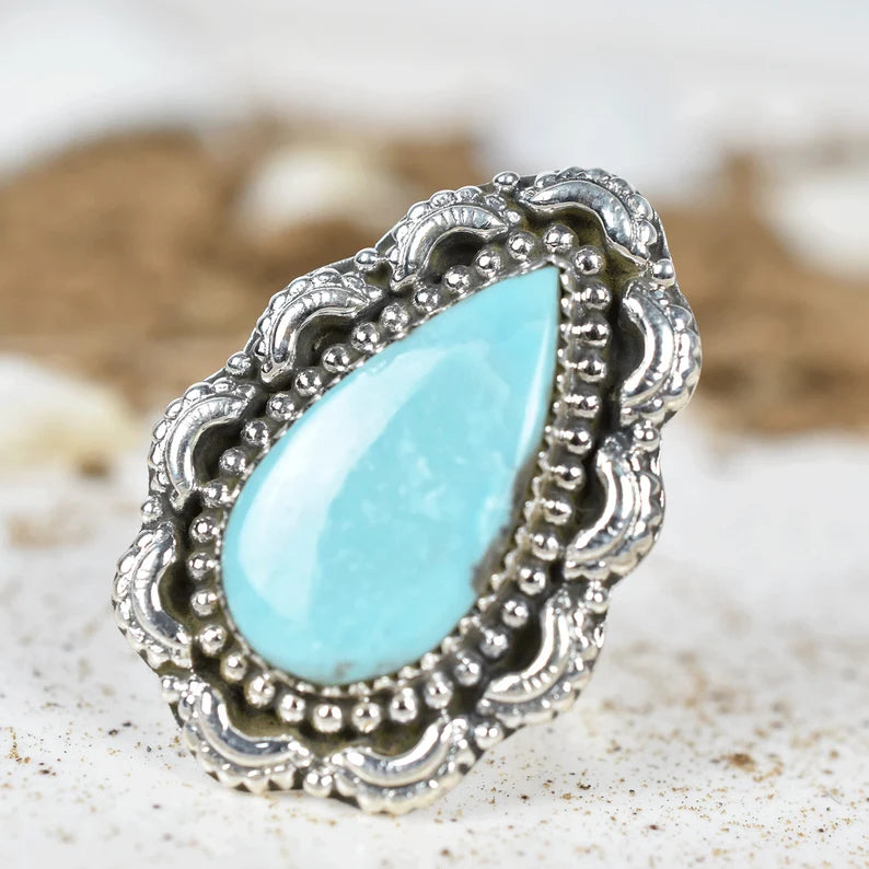 Native American Elongated Teardrop Turquoise Rings - 925 Sterling Silver Handmade Vintage Rings