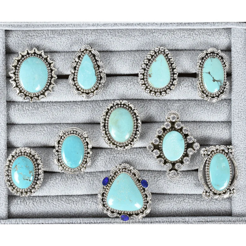 Native American Elongated Turquoise Rings - 925 Sterling Silver Southwestern Rings