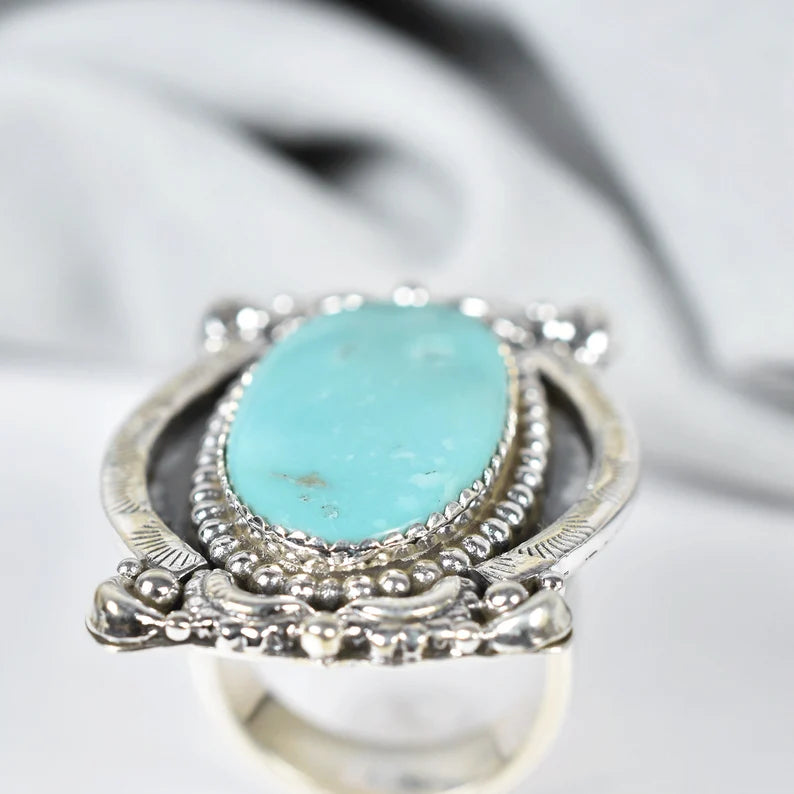 Native American Elongated Turquoise Rings - 925 Sterling Silver Southwestern Rings