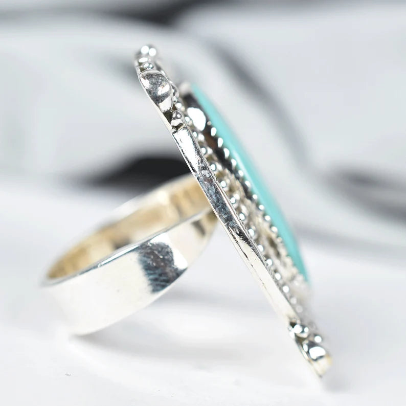 Native American Elongated Turquoise Rings - 925 Sterling Silver Southwestern Rings