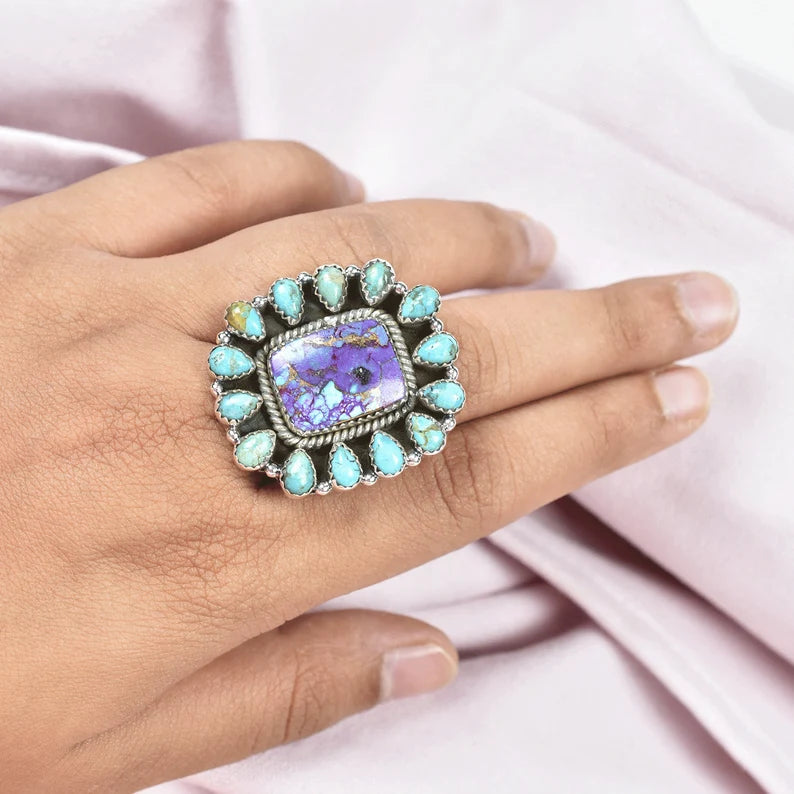 Native American Purple Copper Turquoise & Teardrop Turquoise Cluster Rings - 925 Sterling Silver Boho Rings