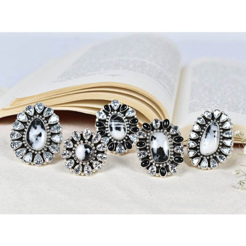 Native American Zebra Jasper, Black Onyx & CZ Cluster Rings - 925 Sterling Silver Boho Rings