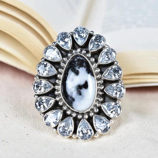 Native American Zebra Jasper And Cubic Zirconia Cluster Rings - 925 Sterling Silver Handmade Vintage Rings