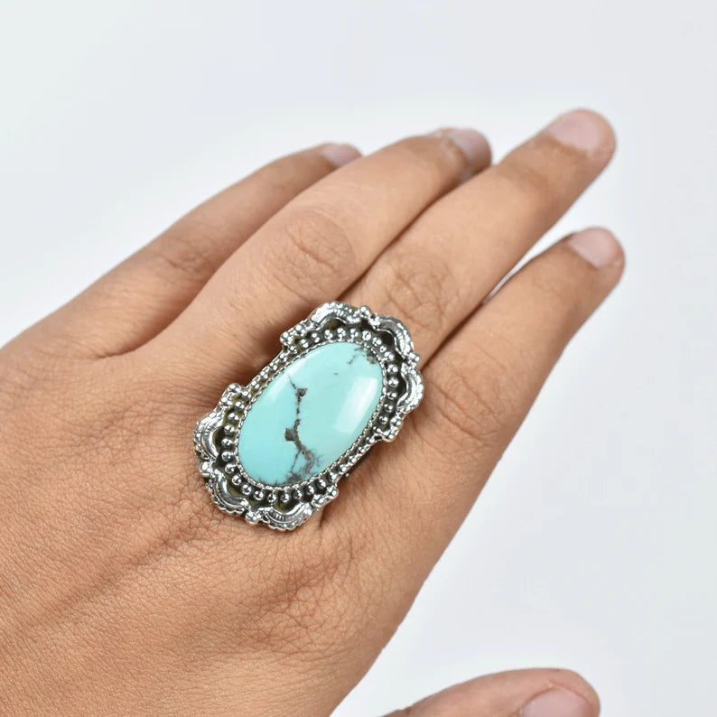 Native American Elongated Oval Turquoise Rings - 925 Sterling Silver Handmade Vintage Rings