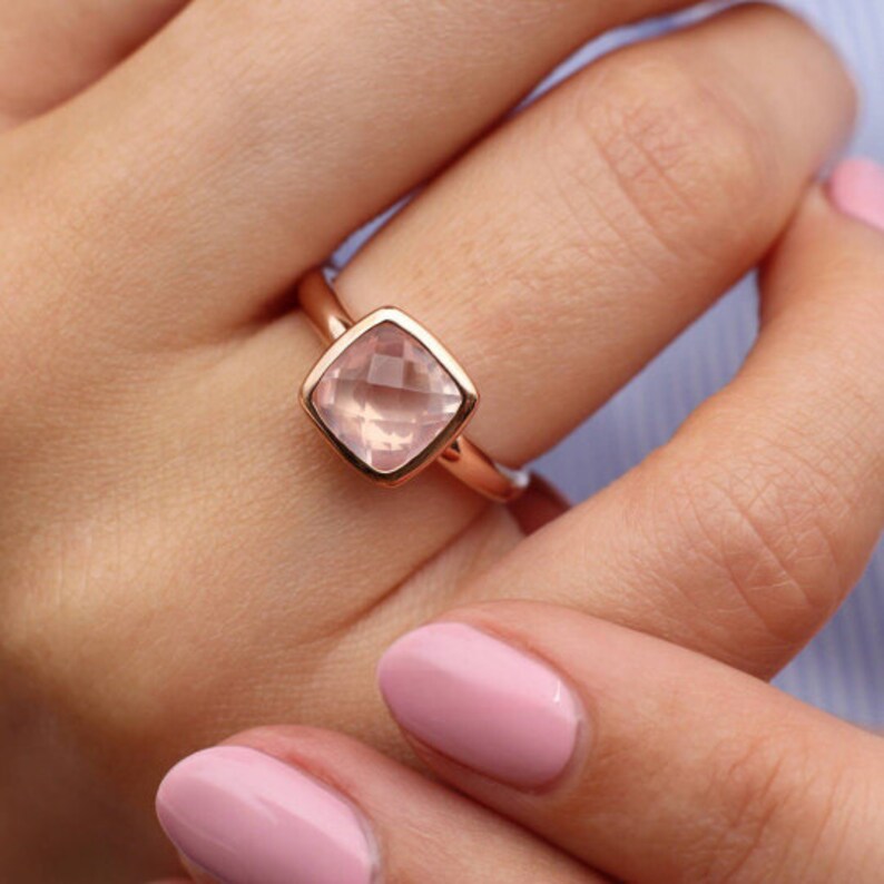 Rose Quartz Cushion Cut Solitaire  Rings 