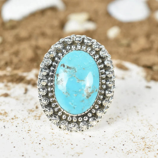 Native American Large Oval Turquoise Rings - 925 Sterling Silver Handmade Vintage Rings