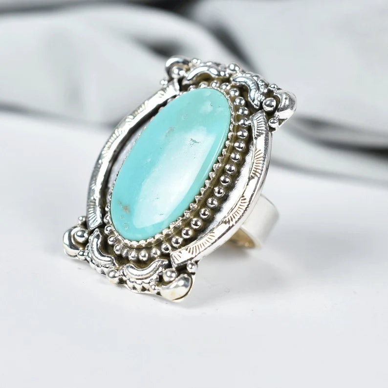 Native American Elongated Turquoise Rings - 925 Sterling Silver Southwestern Rings