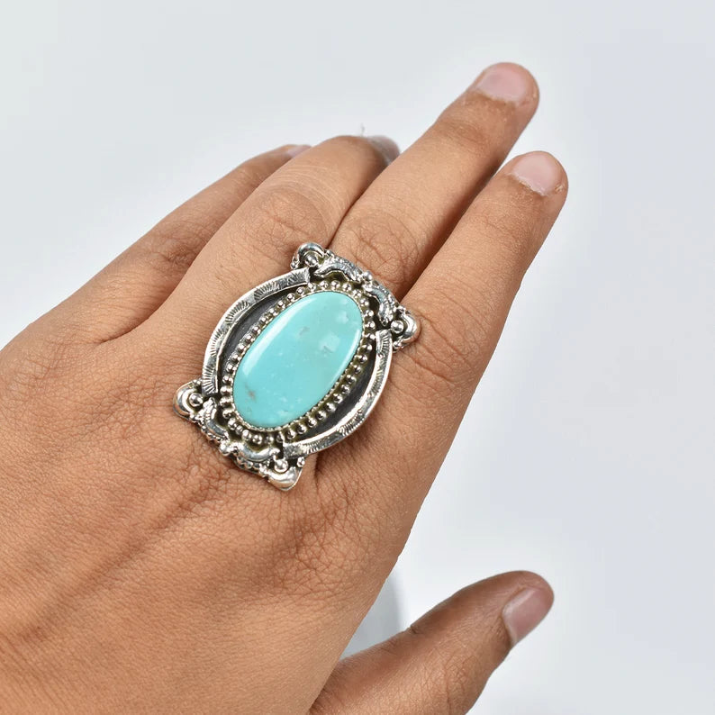 Native American Elongated Turquoise Rings - 925 Sterling Silver Southwestern Rings