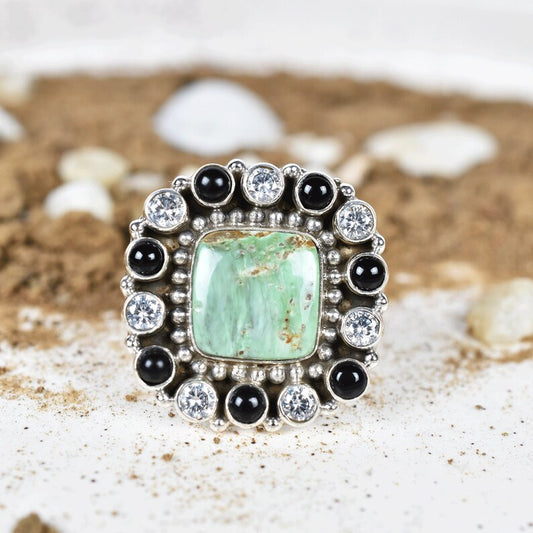 Native American Turquoise And Black Onyx Cluster Rings - 925 Sterling Silver Boho Rings