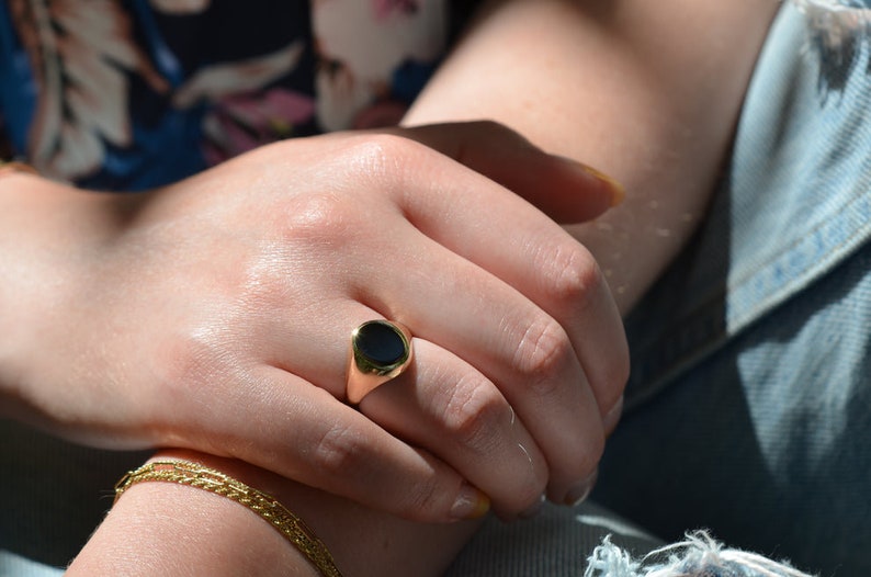 Natural Oval Cut Bezel Set Black Onyx Signet Vintage Ring - 14k Gold Vermeil Rings
