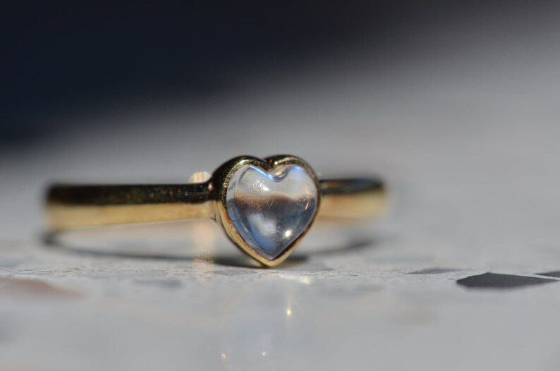 Natural Bezel Set Heart Cut Rainbow Moonstone Simple Solitaire Ring - 14k Gold Vermeil Ring