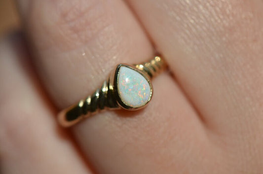 Ethiopian White Opal Teardrop Bezel Set Vintage Ring For Women  - 14k Gold Vermeil  Ring