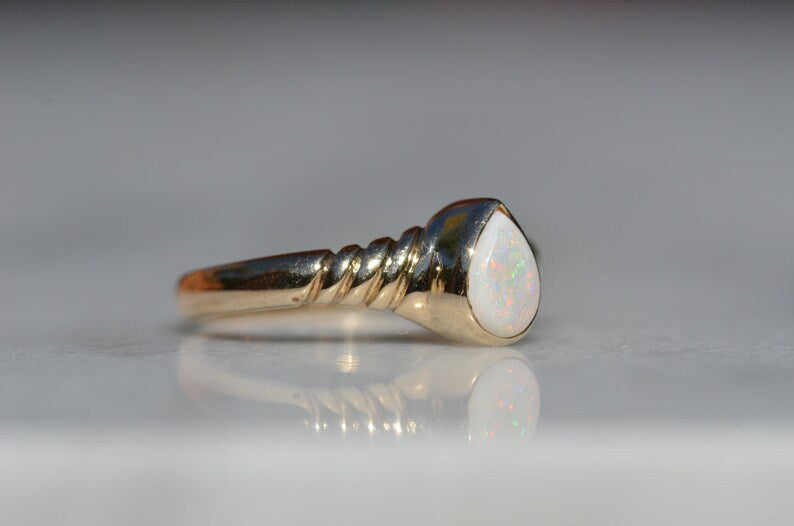 Ethiopian White Opal Teardrop Bezel Set Vintage Ring For Women  - 14k Gold Vermeil  Ring