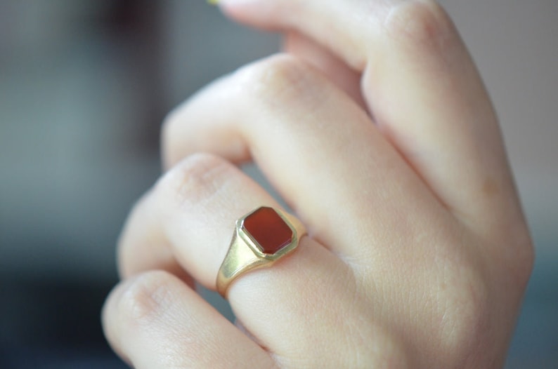 Carnelian Bezel Set Emerald Cut Simple Solitaire Ring - 14k Gold Vermeil Rings