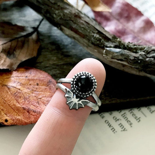 Natural Round Cut Black Onyx Gothic Style Rings For Women - 925 Sterling Silver Rings