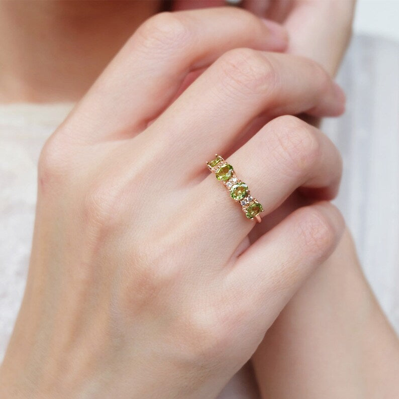 Half Eternity Peridot Promise Ring  -  14k Rose Gold Vermeil Wedding Ring