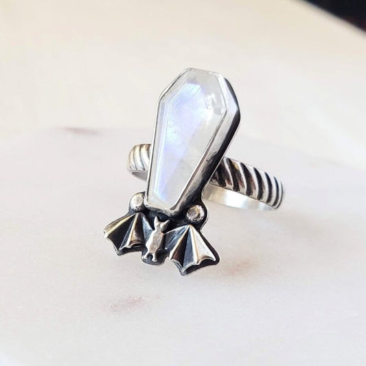 Rainbow Moonstone Coffin Cut Gothic Ring With Bat