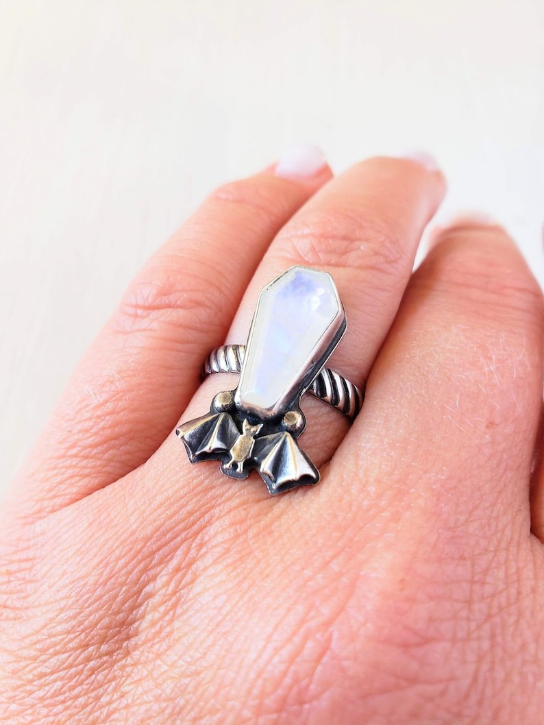Rainbow Moonstone Coffin Cut Gothic Style Ring With Bat  - 925 Sterling Silver Ring