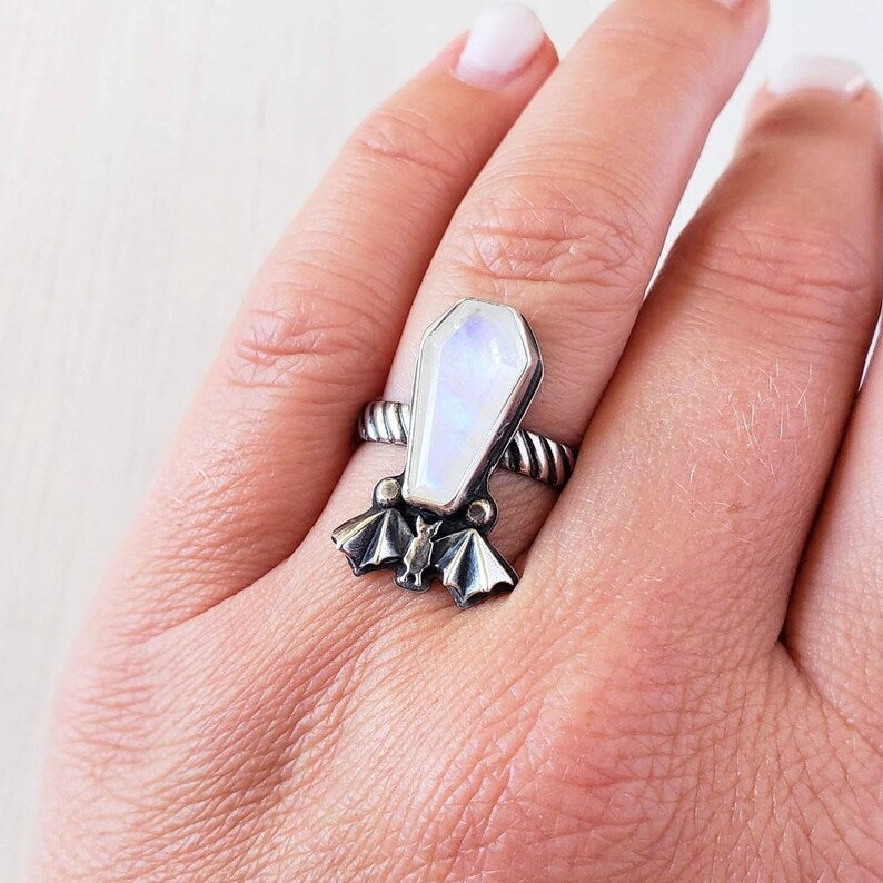 Rainbow Moonstone Coffin Cut Gothic Style Ring With Bat  - 925 Sterling Silver Ring