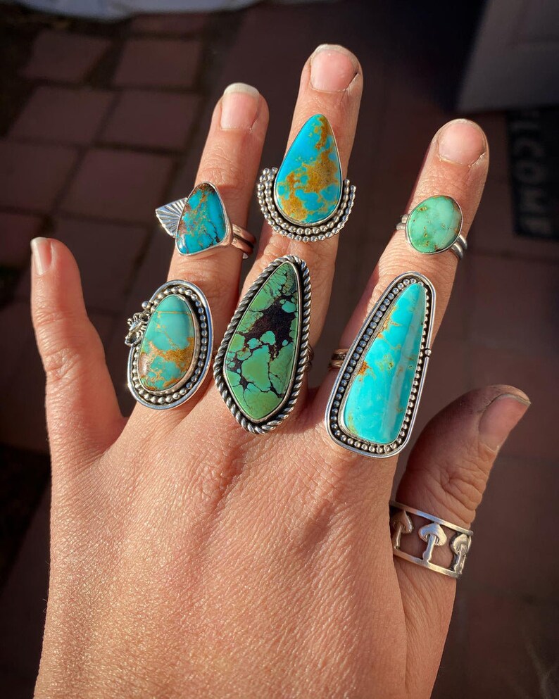 Native American Teardrop Turquoise Southwestern Style Rings - 925 Sterling Silver Ring
