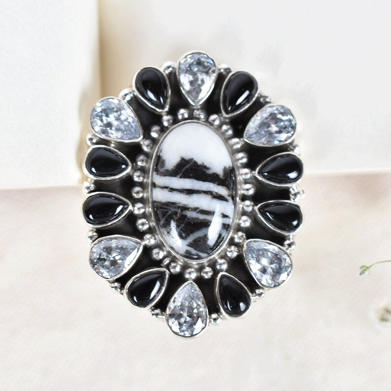 Native American Zebra Jasper, Black Onyx & CZ Cluster Rings - 925 Sterling Silver Boho Rings