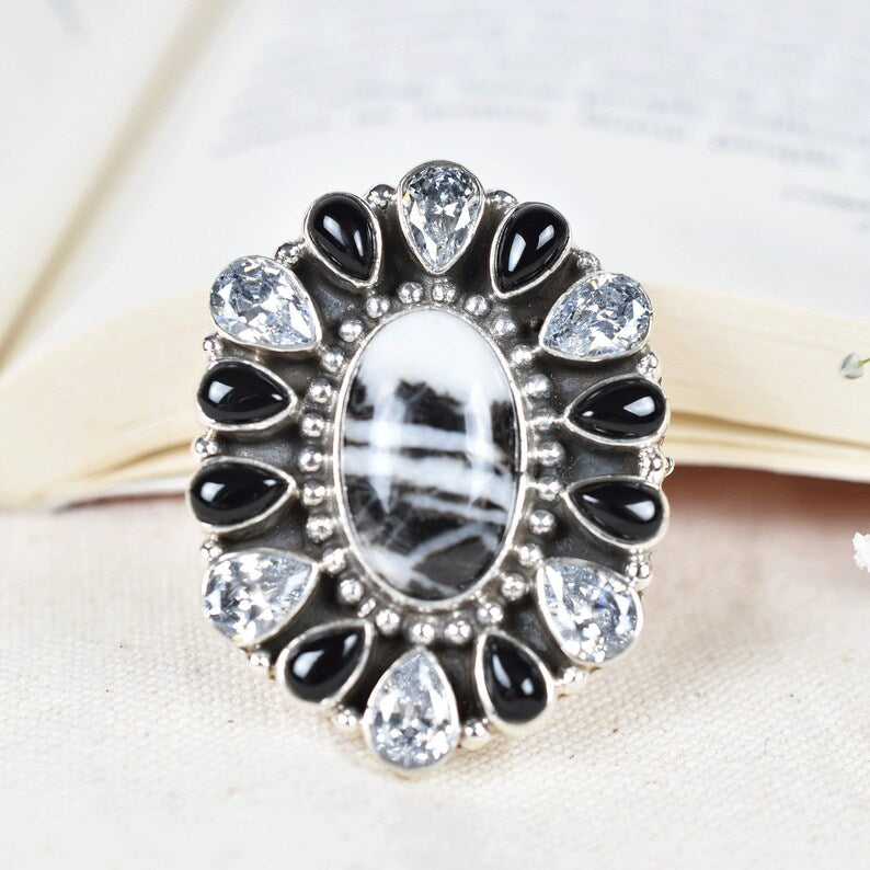 Native American Zebra Jasper, Black Onyx & CZ Cluster Rings - 925 Sterling Silver Boho Rings