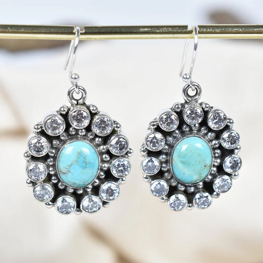 Native American Turquoise And ZIrconia Cluster Earrings - 925 Sterling Silver Boho Style Earrings
