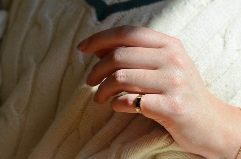 Natural Bezel Set Baguette Cut Black Onyx Vintage Minimalist Ring -   14k Gold Vermeil Rings