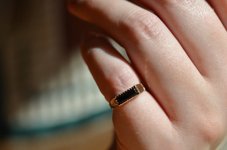 Natural Bezel Set Baguette Cut Black Onyx Vintage Minimalist Ring -   14k Gold Vermeil Rings