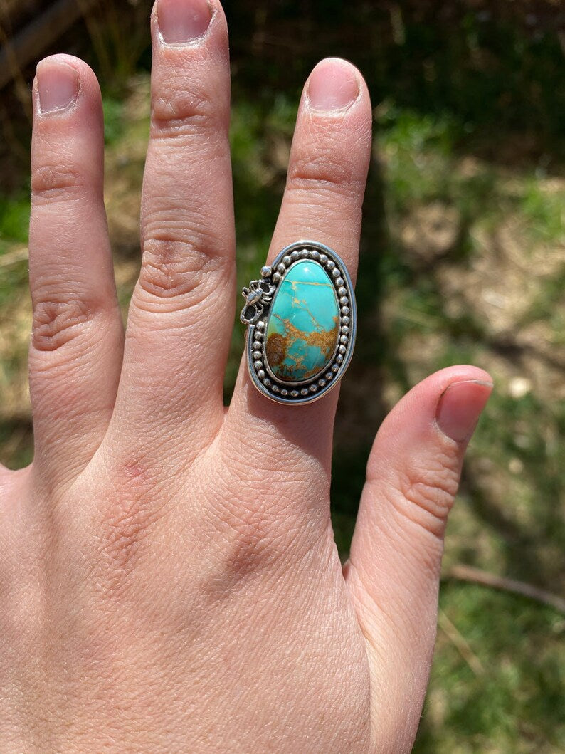 Native American Teardrop Turquoise Southwestern Style Rings - 925 Sterling Silver Ring