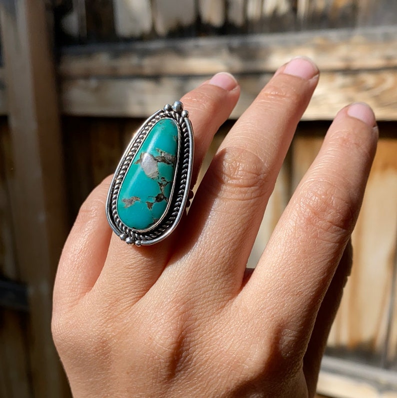 Native American Elongated Turquoise Southwestern Style Rings  - 925 Sterling Silver Rings