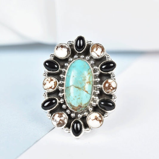 Native American Turquoise, Wild Horse, And Black Onyx Cluster Rings - 925 Sterling Silver Handmade Vintage Rings