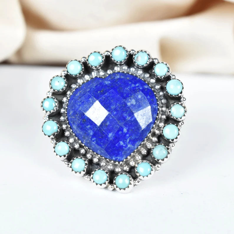Native American Heart Cut Lapis Lazuli & Turquoise Cluster Rings - 925 Sterling Silver Handmade Vintage Rings