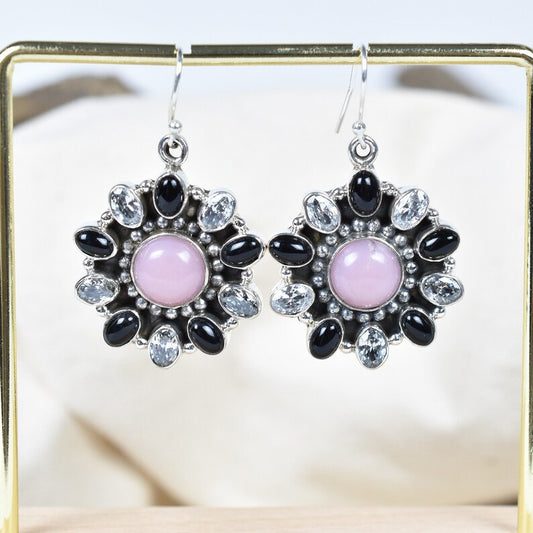 Native American Pink Opal, Black Onyx And Cubic Zirconia Cluster Earrings - 925 Sterling Silver Earrings