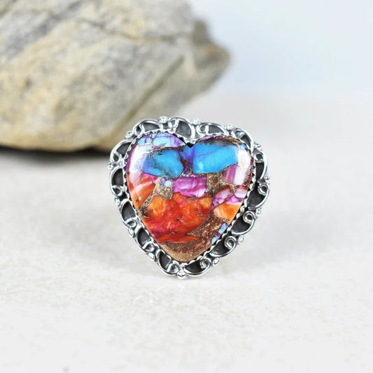 Vintage Large Heart Cut Pink Copper Turquoise 925 Sterling Silver  Rings