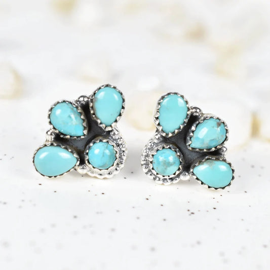 Native American Turquoise Cluster Studs For Women - 925 Sterling Silver Studs