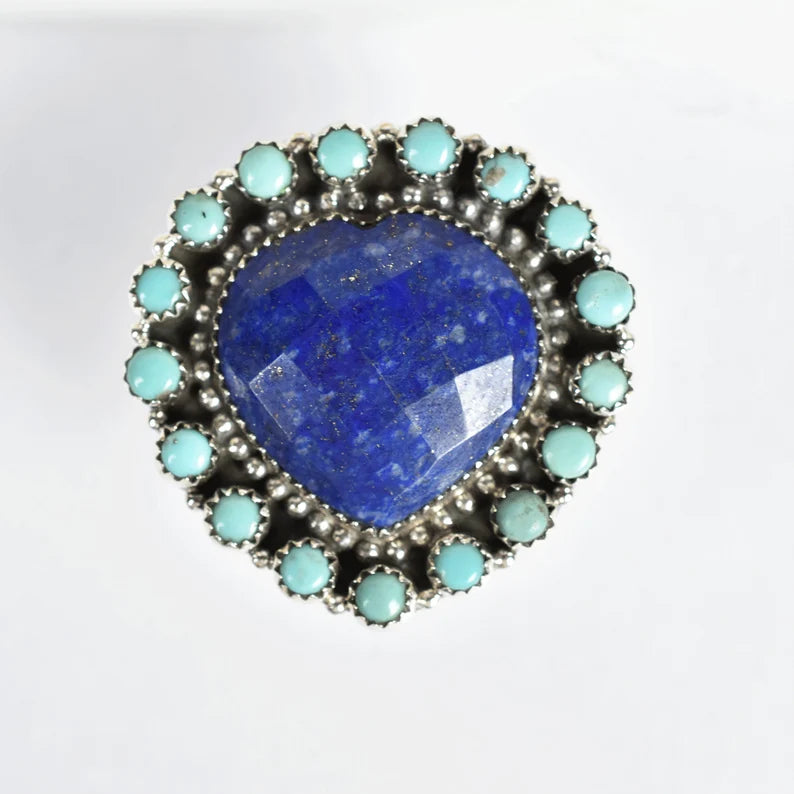 Native American Heart Cut Lapis Lazuli & Turquoise Cluster Rings - 925 Sterling Silver Handmade Vintage Rings