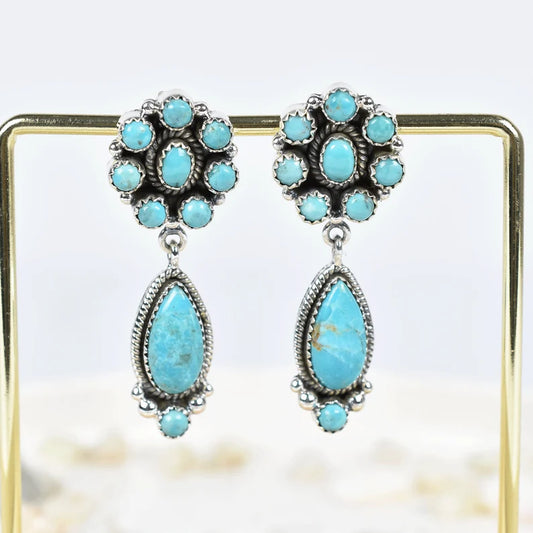 Native American Turquoise Cluster Earrings - 925 Sterling Silver Southwestern Earrings